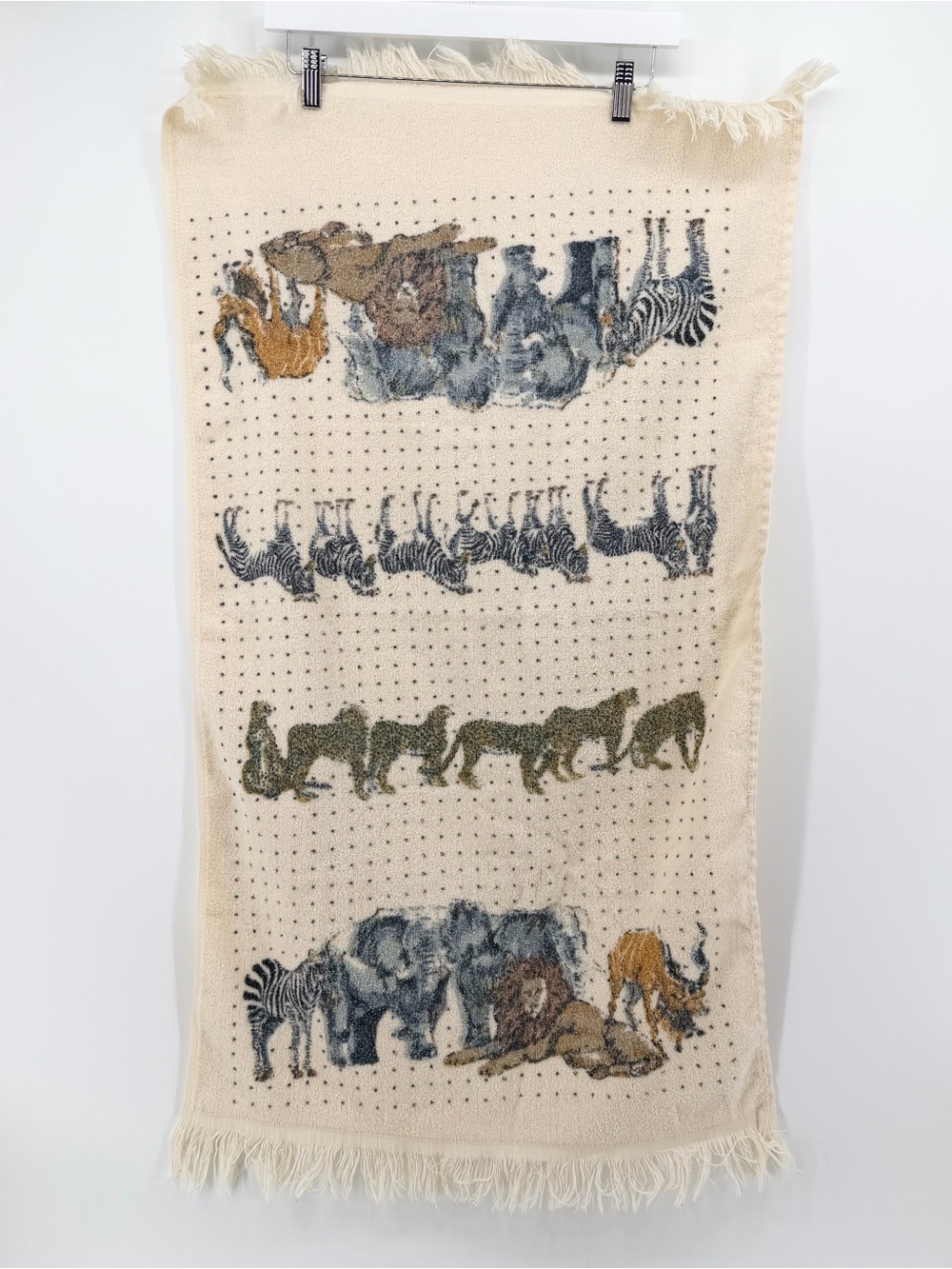 Vtg 70s Lady Pepperell West Point Animal Walk Safari Fringe Towel Off White